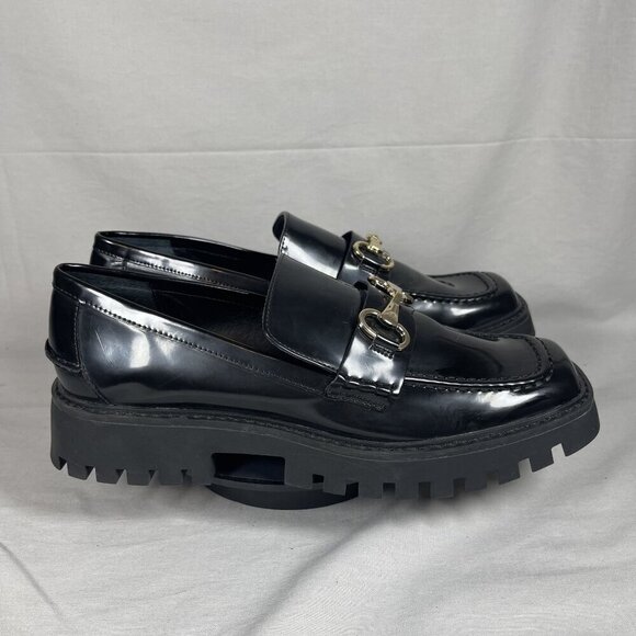 Open Edit Women's Black Patent Square Toe Lug Sole Loafers Shoe Size 9.5-NEW - Picture 1 of 6